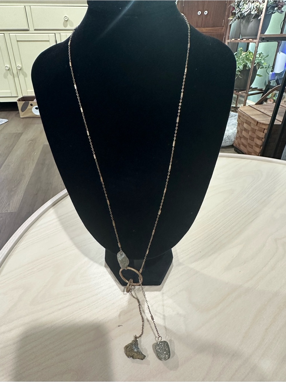 Bronze-Tone Long Lariat Necklace with Heavy Natural Stones Pendants (Unsigned)